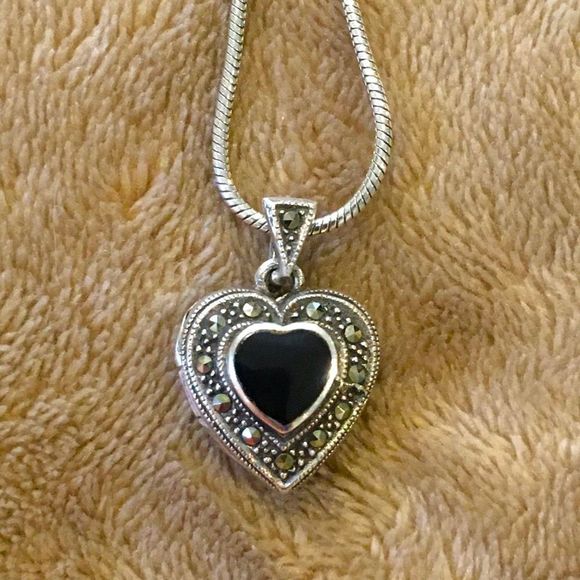 JUDITH JACK Sterling Silver Black Onyx and Marcasite Heart Locket Necklace - Picture 1 of 9
